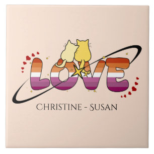 Carreau Deux chats amoureux Drapeau lesbien coucher de sol