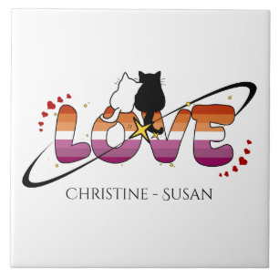 Carreau Deux chats amoureux Drapeau lesbien coucher de sol