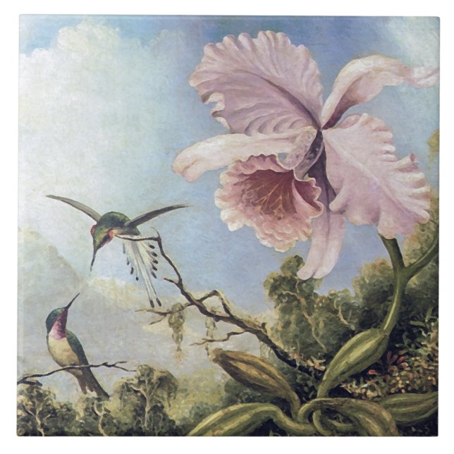 Carreau Deux colibris et orchidée rose vintage (Devant)
