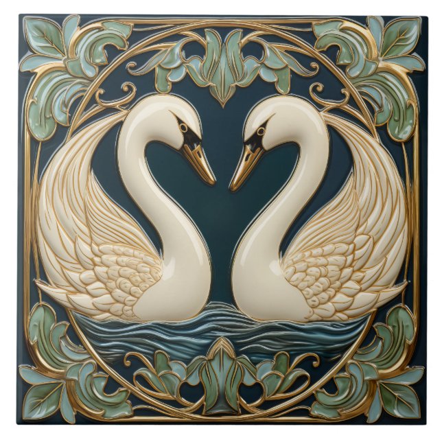 Carreau Deux Cygnes Sur Le Lac Art Nouveau Décor Inspiré (Devant)