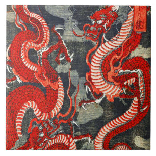 CARREAU DEUX DRAGONS BOIS JAPONAIS COUPÉ EN BLEU ROUGE BLA