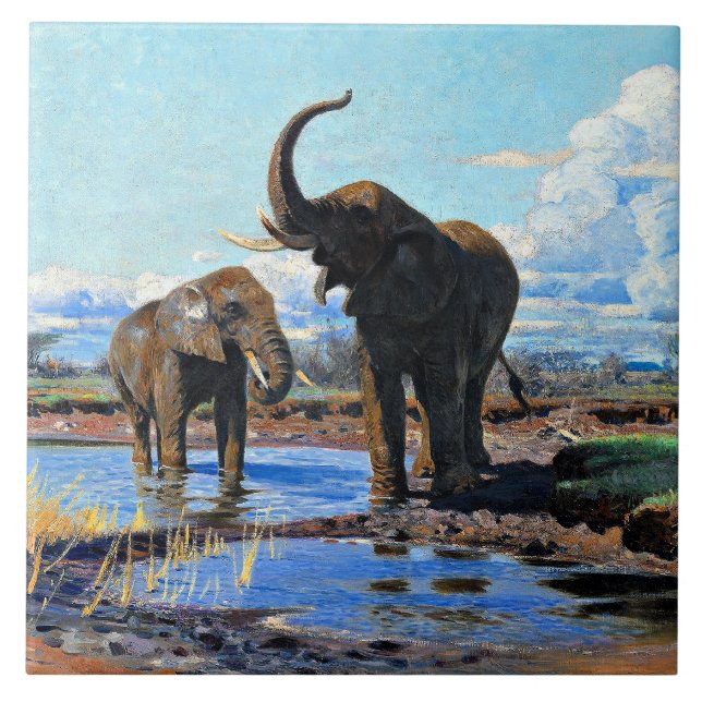 Carreau Deux éléphants d'Afrique au point d'eau (Devant)