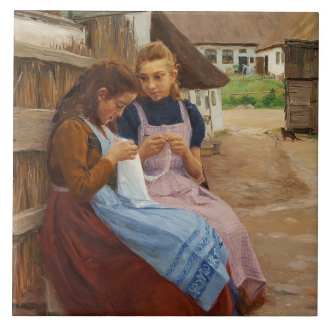 Carreau Deux Filles avec Needlework assis dans une ferme (Devant)