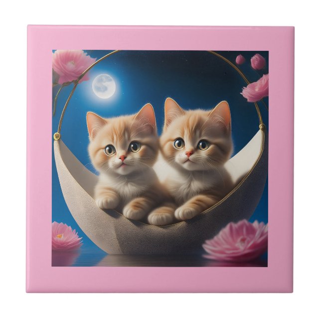 Carreau Deux Jeunes Chatons Dans Un Panier Avec Roses Rose (Devant)