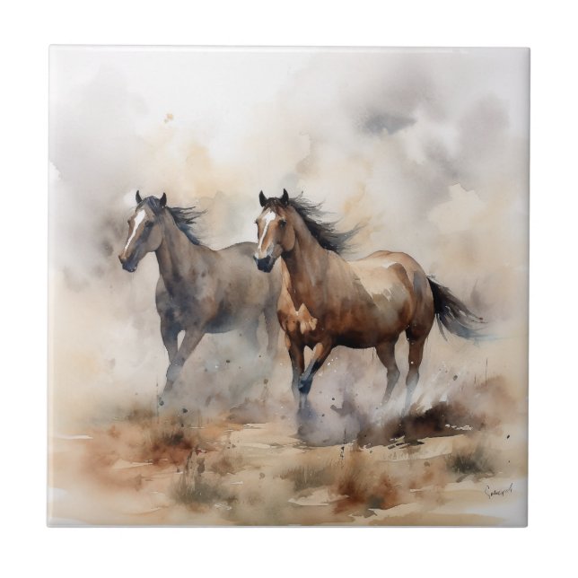 Carreau « Deux mustangs sauvages » Aquarelle occidentale p (Devant)