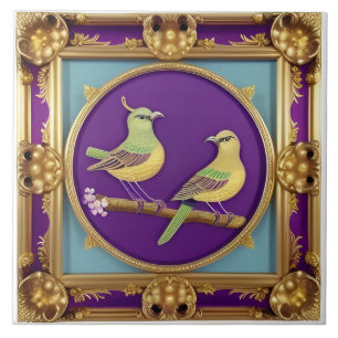 Carreau Deux oiseaux dans un cadre doré orné