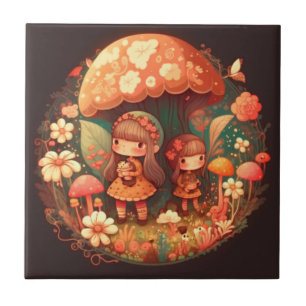 Carreau Deux petites filles dans un décor marron champigno