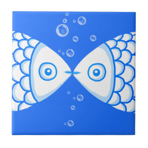Carreau Deux Poissons Bleu Blanc Abstrait Motif