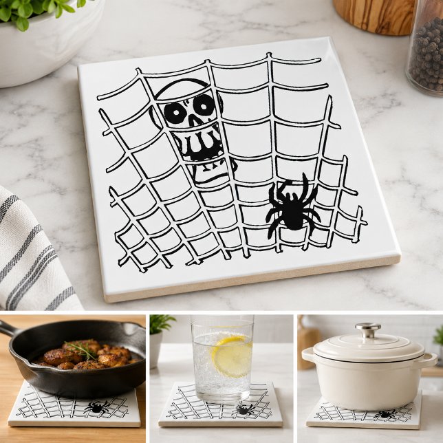 Carreau d'Halloween Araignée dans une Toile avec C (Spider in Web with Skull Halloween Tile)