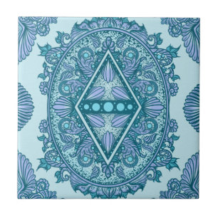 Carreau Diamant bleu Mandala Turquoise et Lavande