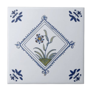 Carreau Diamètre Delft encadré Floral Blue Multi