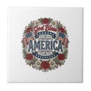 Carreau Dieu Bénisse l'Amérique Floral Patriotique Vintage