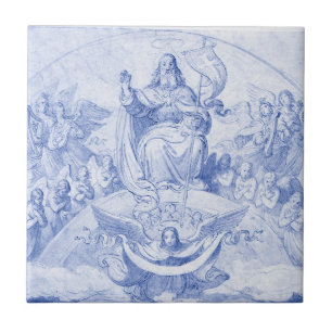 Carreau Dieu dans le Ciel Vintage Religieux Christian Bleu
