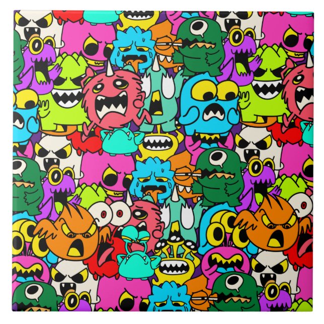 Carreau Dingue coloré Monster Doodle Motif (Devant)