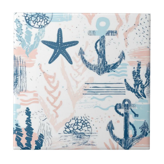 Carreau Distressed Nautical Anchor Starfish Blue Coastal (Devant)
