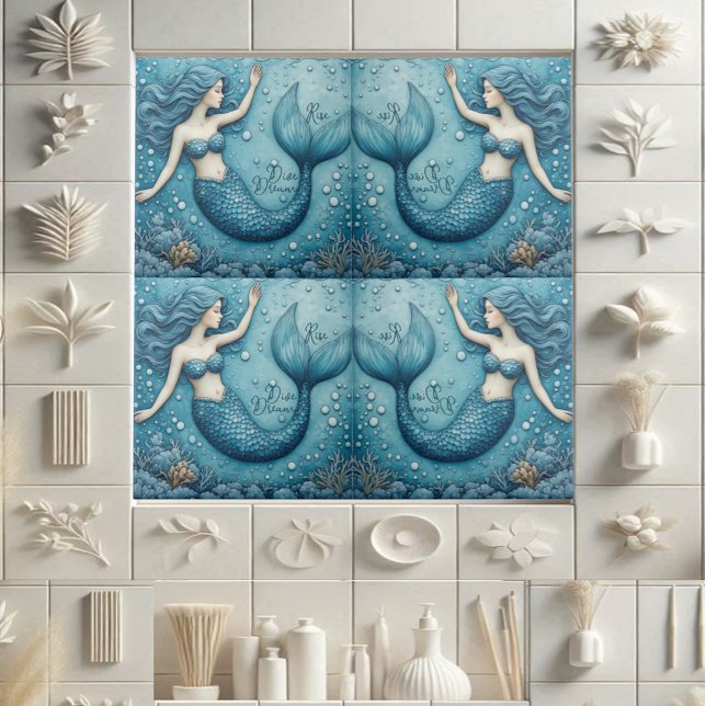 Carreau Dive Dream Rise Ocean Mermaid Aqua blue Coral Reef (Dive Dream Rise Ocean Mermaid Aqua blue Coral Reef Ceramic Tile)