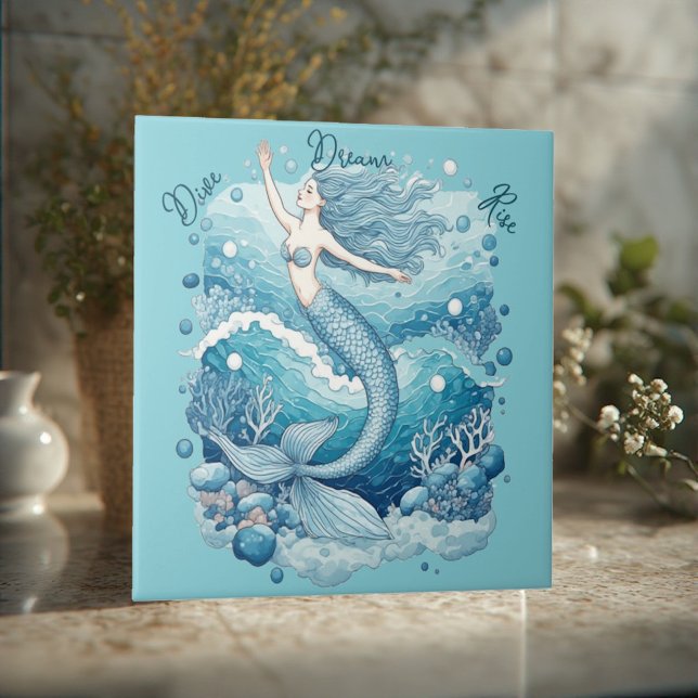 Carreau Dive Dream Rise Ocean Mermaid Aquablue Empowerment (Dive Dream Rise Ocean Mermaid Aquablue Empowerment Ceramic Tile)