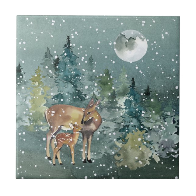 Carreau Doe Fawn Deer Forest Pleine lune Snowfall Aquarell (Devant)