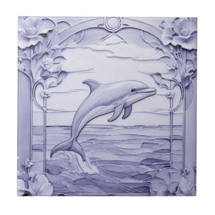 Carreau Dolphin Art Nouveau Faux Relief Bleu & Blanc Droit