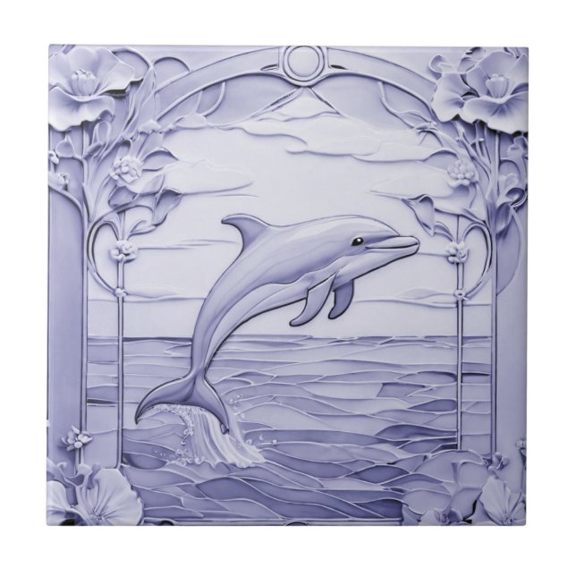 Carreau Dolphin Art Nouveau Faux Relief Bleu & Blanc Droit (Devant)