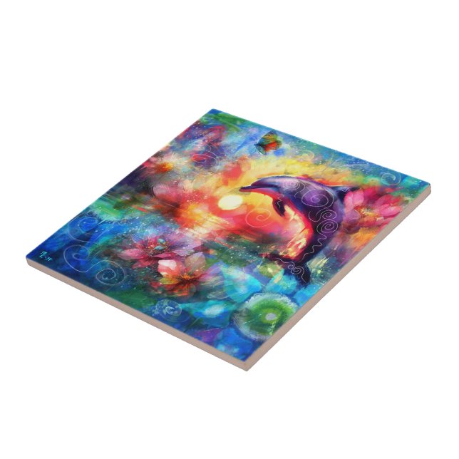 Carreau Dolphin lunaire Côtier Nautique Floral Turquoise (Côté)