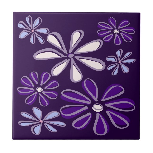 Carreau Doodle de fleur bleu violet foncé élégant (Devant)
