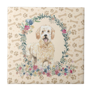 Carreau Doodle doré Chien Empreinte de patte Floral Cute 