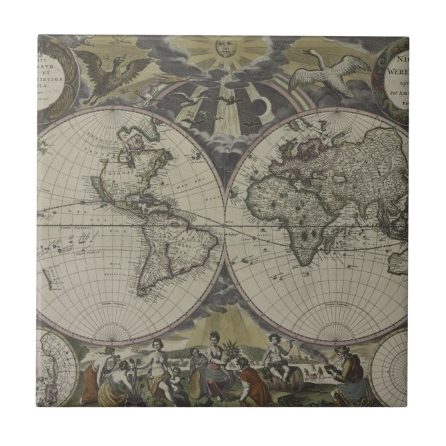 Carreau Double carte | 1672 du monde d'hémisphère (Devant)