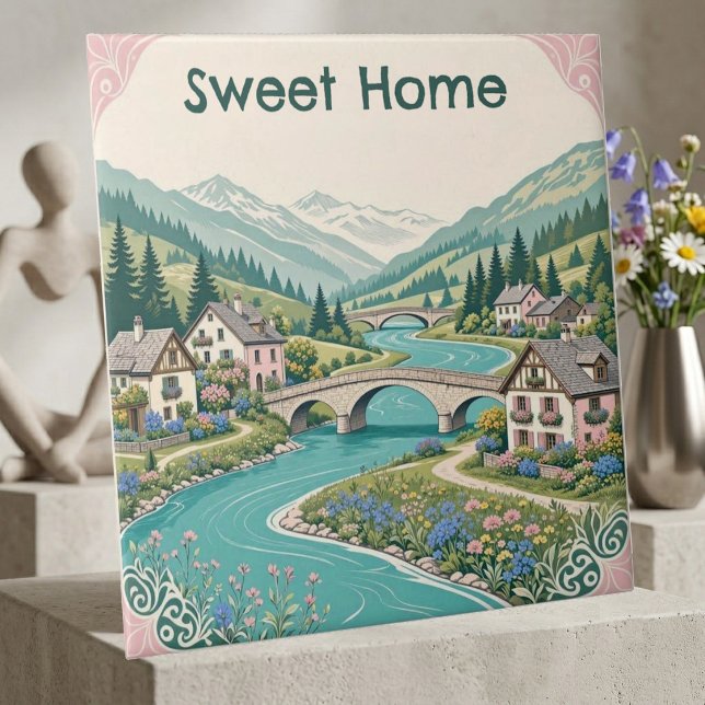 Carreau Douce Maison Alpine enneigée Chalet Rustique Prair (Snow Alpine Sweet Home Rustic Chalet Scenic Meadow Ceramic Tile)