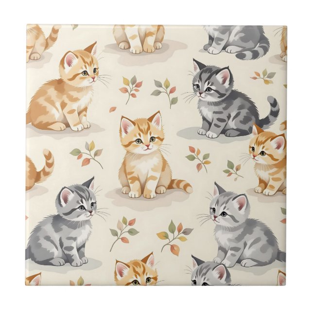Carreau Doux Ginger et Chatons Gris Aquarelle Sans Couture (Devant)