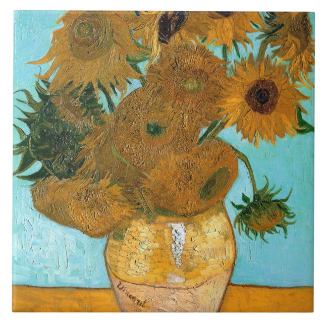 Carreau Douze tournesols dans un vase (peinture à vie mort (Devant)