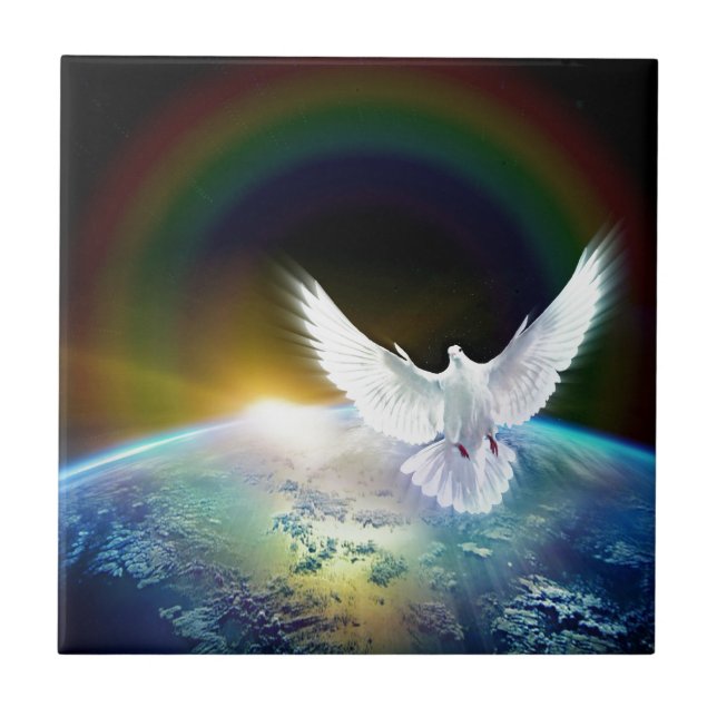 Carreau Dove of peace holy spirit over earth with Rainbow. (Devant)
