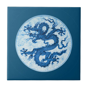 Carreau Dragon chinois, Indigo bleu et blanc en céramique
