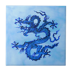 Carreau Dragon chinois, Indigo et Pastel Blue Ceramic Ti