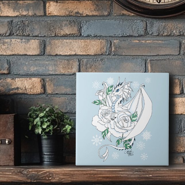 Carreau Dragon de glace élégant blanc Roses bleues Fantais (Créateur téléchargé)