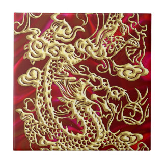 Carreau Dragon d'or embouti sur texture satinée rouge Impr