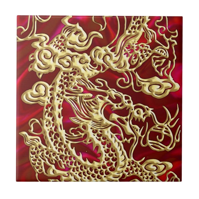 Carreau Dragon d'or embouti sur texture satinée rouge Impr (Devant)
