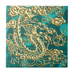Carreau Dragon d'or incorporé sur impression en satin Turq