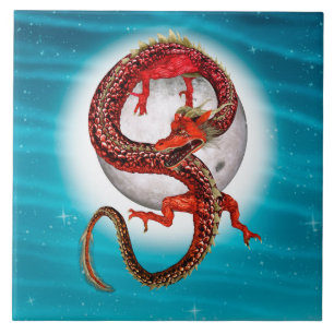 Carreau Dragon Lune Rouge Fantastique Artistique