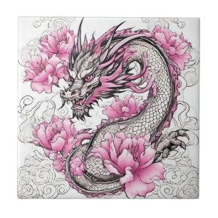 Carreau Dragon Oriental aux Fleurs Roses Vibrantes