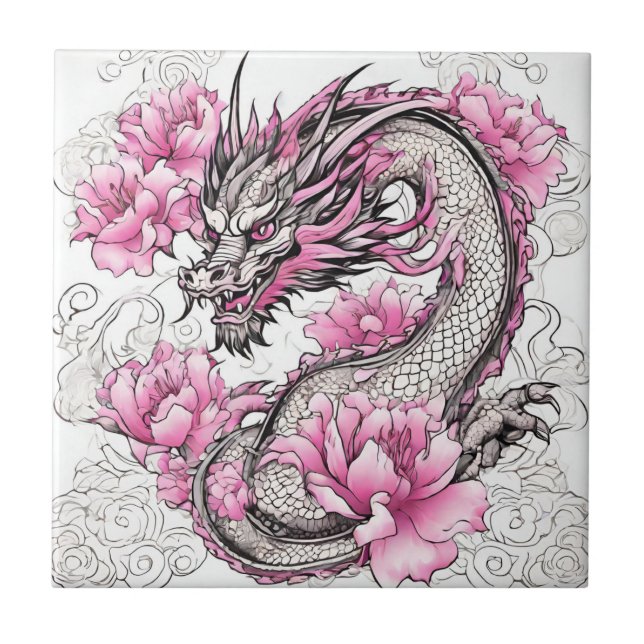 Carreau Dragon Oriental aux Fleurs Roses Vibrantes (Devant)