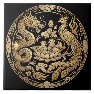 Carreau Dragon, Phénix & Canards en Or sur Fond Noir