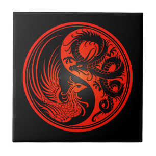 Carreau Dragon rouge et noir Phoenix Yin Yang