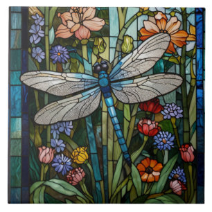 Carreau Dragonfly art boho floral verre de tache
