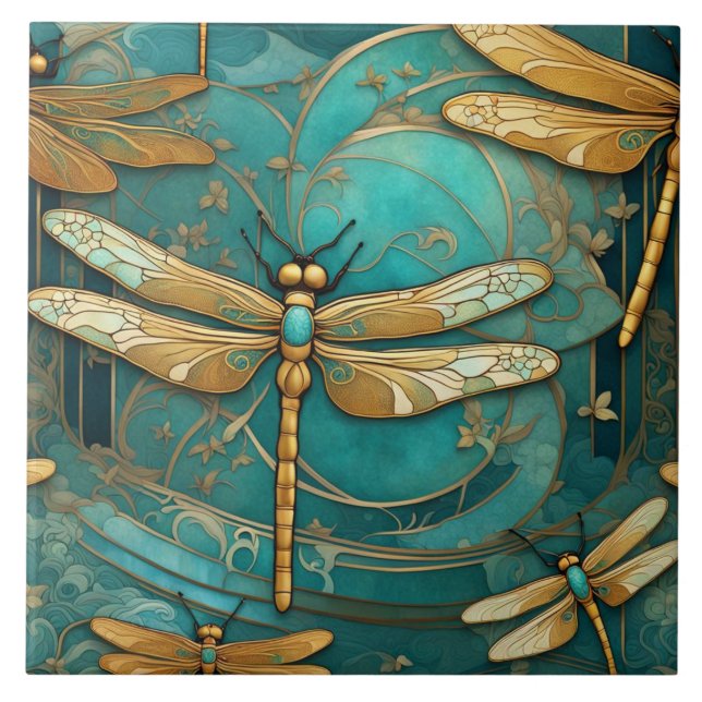 Carreau Dragonfly Art Nouveau Art Déco Insectes Turquoise  (Devant)