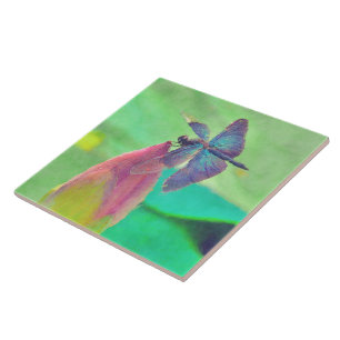 Carreau Dragonfly bleu Iridescente sur Nénuphar