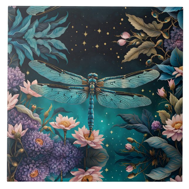 Carreau Dragonfly dans un jardin fleuri la nuit (Devant)