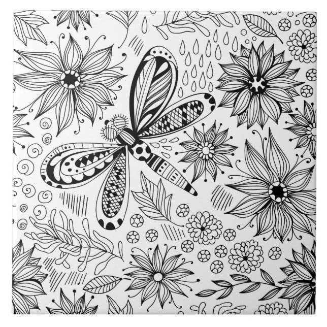 Carreau Dragonfly et doodle de fleurs (Devant)