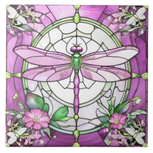 Carreau Dragonfly Magenta Rose and White Staned Glass