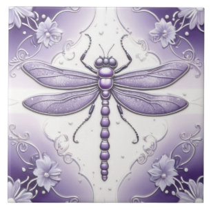 Carreau Dragonfly Purple et White Flower Art